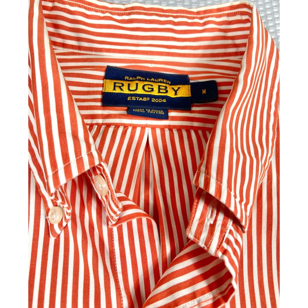 Ralph Lauren Rugby Shirt‎ Mens Medium Orange White Striped Long Sleeve Button Up - Picture 7 of 14